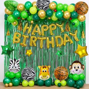 Best-Selling Jungle Animal Birthday Party Decorations featuring foil balloons with tiger, zebra, and monkey faces, green foil backdrop curtains, star-shaped foil balloons, and chrome metallic balloons."