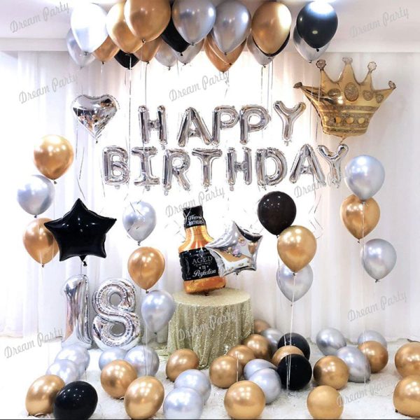 Black-Gold- Silver birthday decoration set featuring silver Happy Birthday foil balloons, black and gold card banner, crown foil balloon, star and heart-shaped foil balloons, and chrome shiny balloons for an elegant celebration