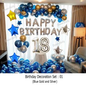 Blue-Gold-Silver birthday decoration set featuring Happy Birthday foil balloons, blue banner, star and heart-shaped foil balloons, chrome shiny and latex balloons, and balloon garland making accessories for a stylish and festive celebration