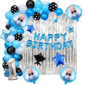Boss Baby Birthday Decoration Set featuring foil balloons, backdrop curtains, and latex balloons in blue, light blue, black, and white colors for kids' party.