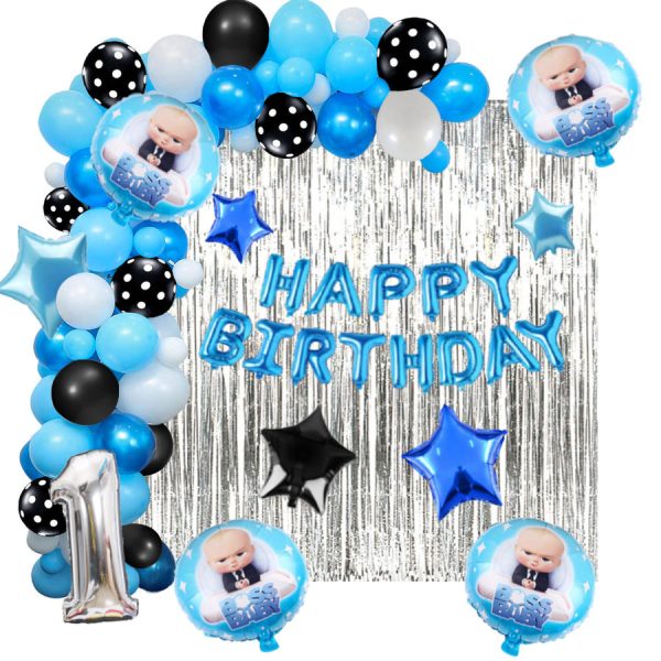 Boss Baby Birthday Decoration Set featuring foil balloons, backdrop curtains, and latex balloons in blue, light blue, black, and white colors for kids' party.