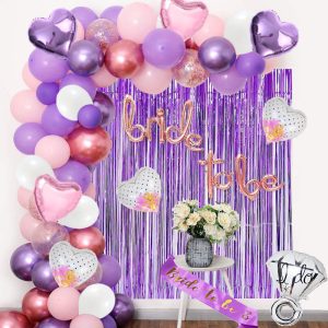 Bride To Be decoration set featuring rose gold and purple balloons, 'I Do' ring foil balloon, backdrop curtains, and more for a bridal shower or bachelorette party."