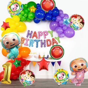 Cocomelon themed birthday decorations featuring foil balloons, including Cocomelon characters, star-shaped balloons, and vibrant party supplies.