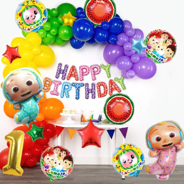 Cocomelon themed birthday decorations featuring foil balloons, including Cocomelon characters, star-shaped balloons, and vibrant party supplies.