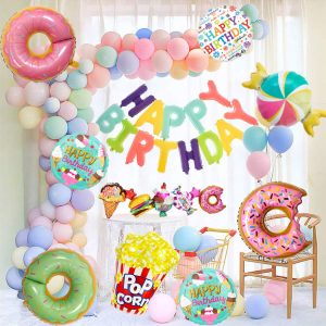 Donuts Pastel multi-colored 'Happy Birthday' foil balloon set for a vibrant birthday celebration.