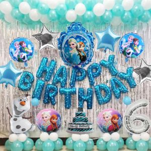 Frozen-themed birthday party decorations featuring Elsa, Anna, Olaf, and magical winter elements for a festive and enchanting celebration."