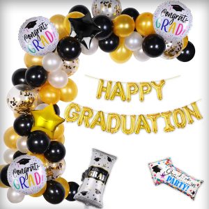Happy Graduation Party Decoration Set featuring 'Happy Graduation' balloons, star foils, and latex balloons