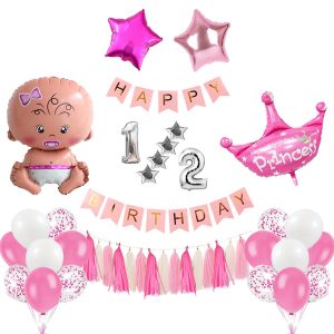 Baby Girl Half 1/2 hemed birthday party set featuring a Happy Birthday card banner, princess crown foil balloon, confetti balloons, and latex balloons in pink and white."