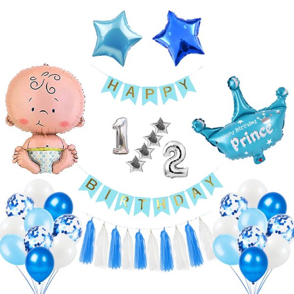 Baby Boy Half 1/2 Prince-themed birthday party set with a Happy Birthday card banner, prince crown foil balloon, confetti balloons, and latex balloons in blue and light blue."