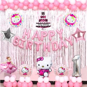 Complete Kitty Birthday Decoration Set with 'Happy Birthday' balloons, foil curtains, and star balloons.