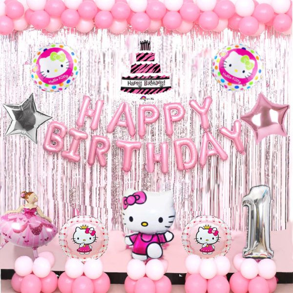 Complete Kitty Birthday Decoration Set with 'Happy Birthday' balloons, foil curtains, and star balloons.