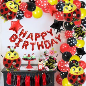 Ladybug Birthday Decoration Set with 'Happy Birthday' balloons, ladybug foil balloons, and colorful latex balloons."