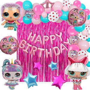 Happy Dolls Birthday Decoration Set featuring 'Happy Birthday' balloons, themed foil balloons, and pastel latex balloons.