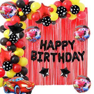 Lightning McQueen Car Birthday Decoration Set featuring 'Happy Birthday' balloons, backdrop curtains, and latex balloons