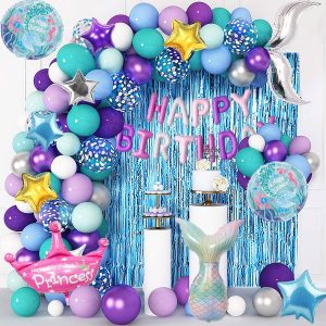 Mermaid-themed birthday decoration set with 'Happy Birthday' foil balloons, mermaid tail balloons, and theme color latex balloons
