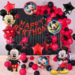 Mickey Mouse-themed birthday decoration set featuring 'Happy Birthday' red foil balloons and Mickey Mouse foil balloons