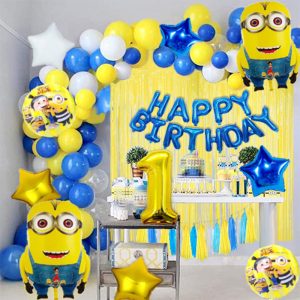 Minions-themed birthday decoration set with 'Happy Birthday' blue foil balloons, Minion foil balloons, and colorful latex balloons."