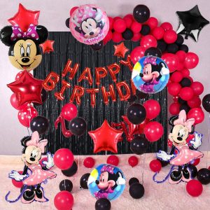 Minnie Mouse-themed birthday decoration set featuring 'Happy Birthday' red foil balloons, Minnie foil balloons, and matching latex balloons."