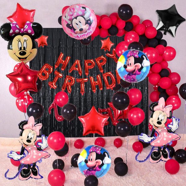 Minnie Mouse-themed birthday decoration set featuring 'Happy Birthday' red foil balloons, Minnie foil balloons, and matching latex balloons."