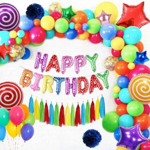Multi Color Happy Birthday decoration set featuring foil balloons, candy balloons, star balloons, latex balloons, and pom poms