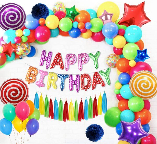 Multi Color Happy Birthday decoration set featuring foil balloons, candy balloons, star balloons, latex balloons, and pom poms