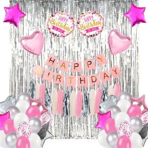 Birthday Decoration Set featuring pink, white, and silver balloons, tassels, foil backdrop curtains, and decorative garlands. Perfect for kids' birthday parties