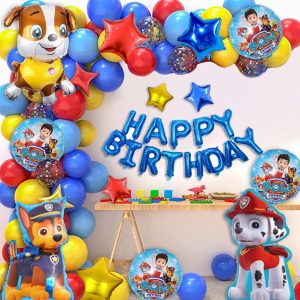 Paw Patrol -themed birthday decoration set featuring Marshall, Chase, and Rubble foil balloons, star balloons, and latex balloons in blue, red, and yellow."