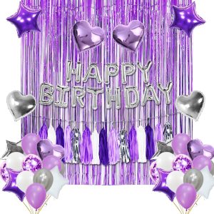 Elegant Purple-Silver-White Birthday Table Decoration with Candles and Flowers."