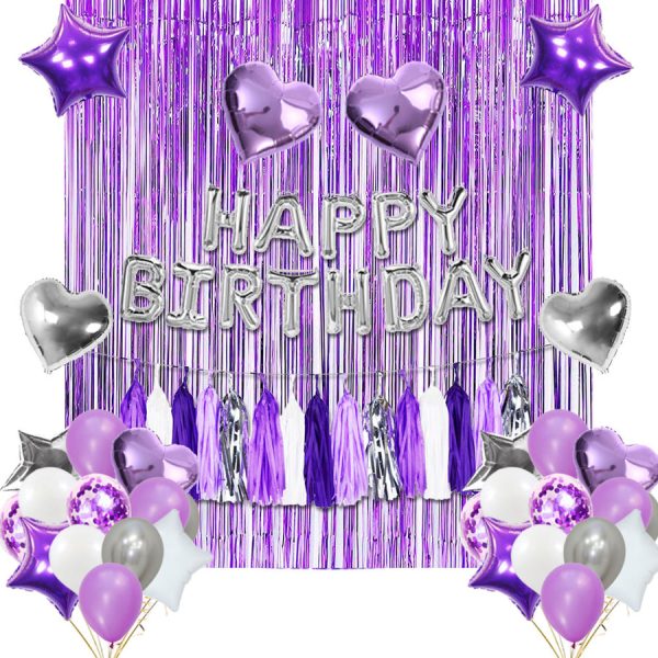 Elegant Purple-Silver-White Birthday Table Decoration with Candles and Flowers."