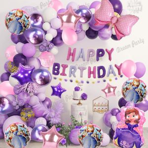 Sofia Princessthe First themed birthday decoration set featuring a 'Happy Birthday' banner, Sofia foil balloons, star foil balloons, and chrome metallic balloons in pink, purple, and white."