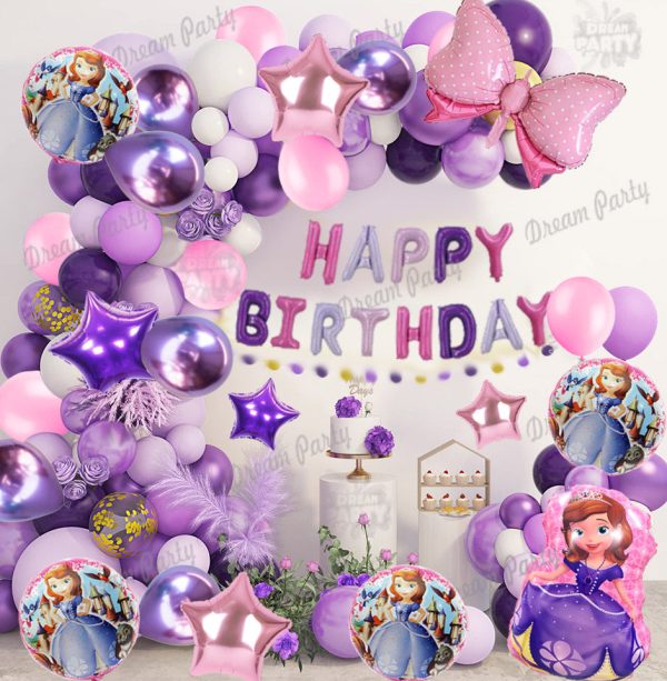 Sofia Princessthe First themed birthday decoration set featuring a 'Happy Birthday' banner, Sofia foil balloons, star foil balloons, and chrome metallic balloons in pink, purple, and white."