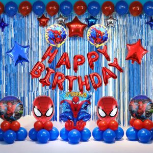 SpiderMan birthday party decoration set featuring Spider-Man foil balloons, red 'Happy Birthday' banner, and star-shaped foil balloons in blue and red