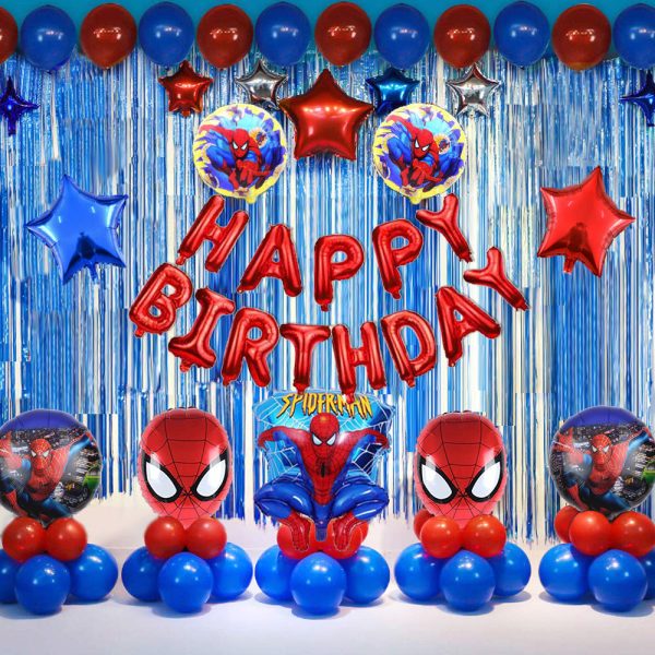 SpiderMan birthday party decoration set featuring Spider-Man foil balloons, red 'Happy Birthday' banner, and star-shaped foil balloons in blue and red