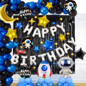 Astronaut | Space Birthday Decoration Set themed birthday decoration set featuring astronaut, spaceship, and moon foil balloons, silver 'Happy Birthday' banner, and star-shaped foil balloons.