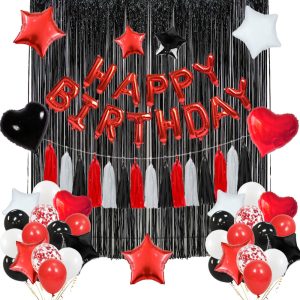 Black-Red-White birthday party decorations featuring a red Happy Birthday foil banner, black foil backdrop curtains, star and heart-shaped foil balloons, tassel garlands, confetti balloons, and latex balloons for a stylish and bold celebration