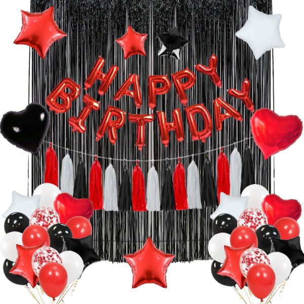 Black-Red-White birthday party decorations featuring a red Happy Birthday foil banner, black foil backdrop curtains, star and heart-shaped foil balloons, tassel garlands, confetti balloons, and latex balloons for a stylish and bold celebration