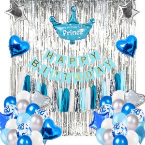 Birthday Decoration Set with colorful balloons, banners, and table décor for parties."