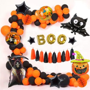 Halloween party decorations featuring BOO alphabet balloons, ghost and bat foil balloons, pumpkin-shaped balloons, star-shaped foil balloons, and orange and black latex balloons for a spooky and fun celebration