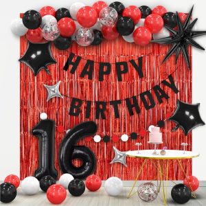 Complete Red and Black Birthday Decoration Set with foil balloons, confetti balloons, latex balloons, and party curtain