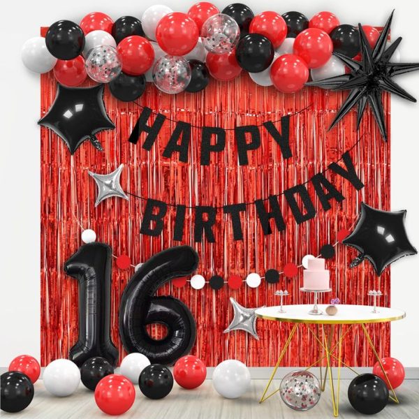 Complete Red and Black Birthday Decoration Set with foil balloons, confetti balloons, latex balloons, and party curtain