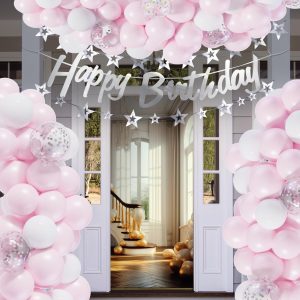 Stylish birthday party decorations with pink, white balloons, confetti balloons, heart and star foil balloons, and a colorful birthday banner."