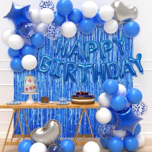 Blue and white birthday decoration set with a Happy Birthday foil balloon, blue metallic and white latex balloons, confetti-filled balloons, a blue curtain backdrop, and star and heart foil balloons for a stylish celebration