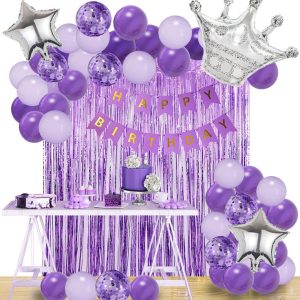 Purple and white Happy Birthday decoration set featuring a 'Happy Birthday' banner, balloons, confetti balloons, and a purple curtain."