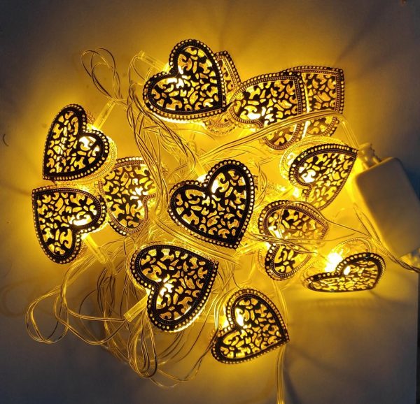 Metal Hearts Shape Golden Led Light 12' Feet - 220 V Plug operated