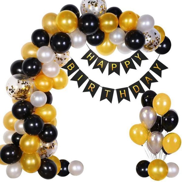 A cheerful birthday Golden & Black setup with a "Happy Birthday" banner, colorful balloons, confetti balloons, and glowing fairy lights.