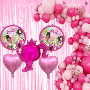 Barbie Party Setup at Home - "Barbie-themed party decorations at home with balloons, curtains, and accessories."