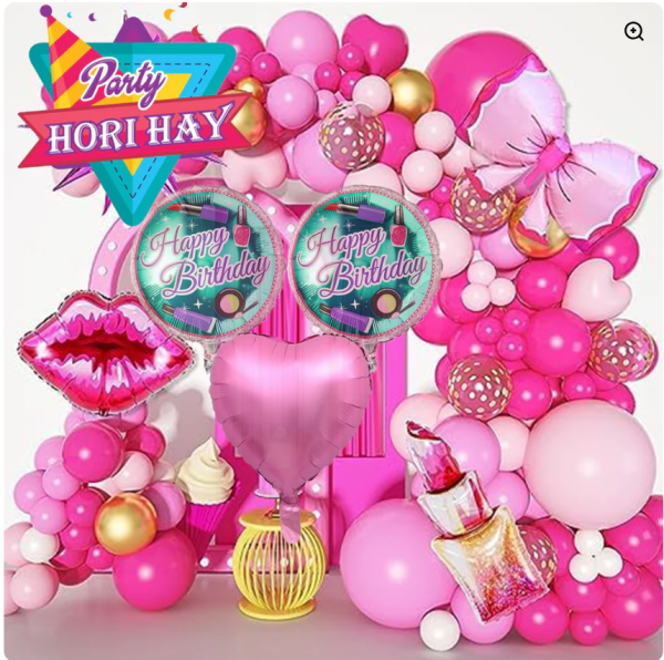 Barbie Party Setup at Home - "Barbie-themed party decorations at home with balloons, curtains, and accessories.